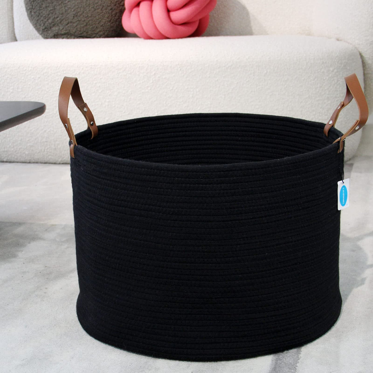 Casaphoria XXXLarge Cotton Rope Basket for Living Room - Woven Storage Basket with long Handle for