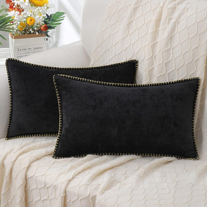 decorUhome Chenille Soft Throw Pillow Covers 12x20 Set of 2, Lumbar Velvet Farmhouse Neutral
