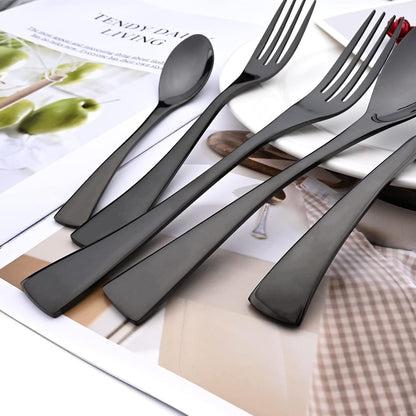 24-Piece Black Flatware, Mirror 18/10 Stainless Steel Modern & Luxury Dinnerware Set With Serrated