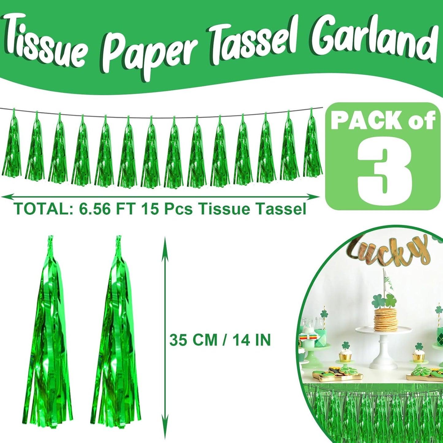 3P Green Foil Fringe Metallic Tassel Streamers Banner Tassel Garland for Parade Floats