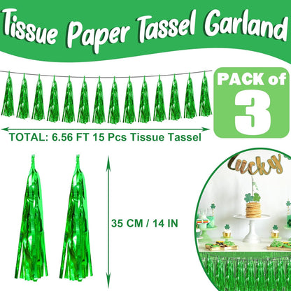 3P Green Foil Fringe Metallic Tassel Streamers Banner Tassel Garland for Parade Floats