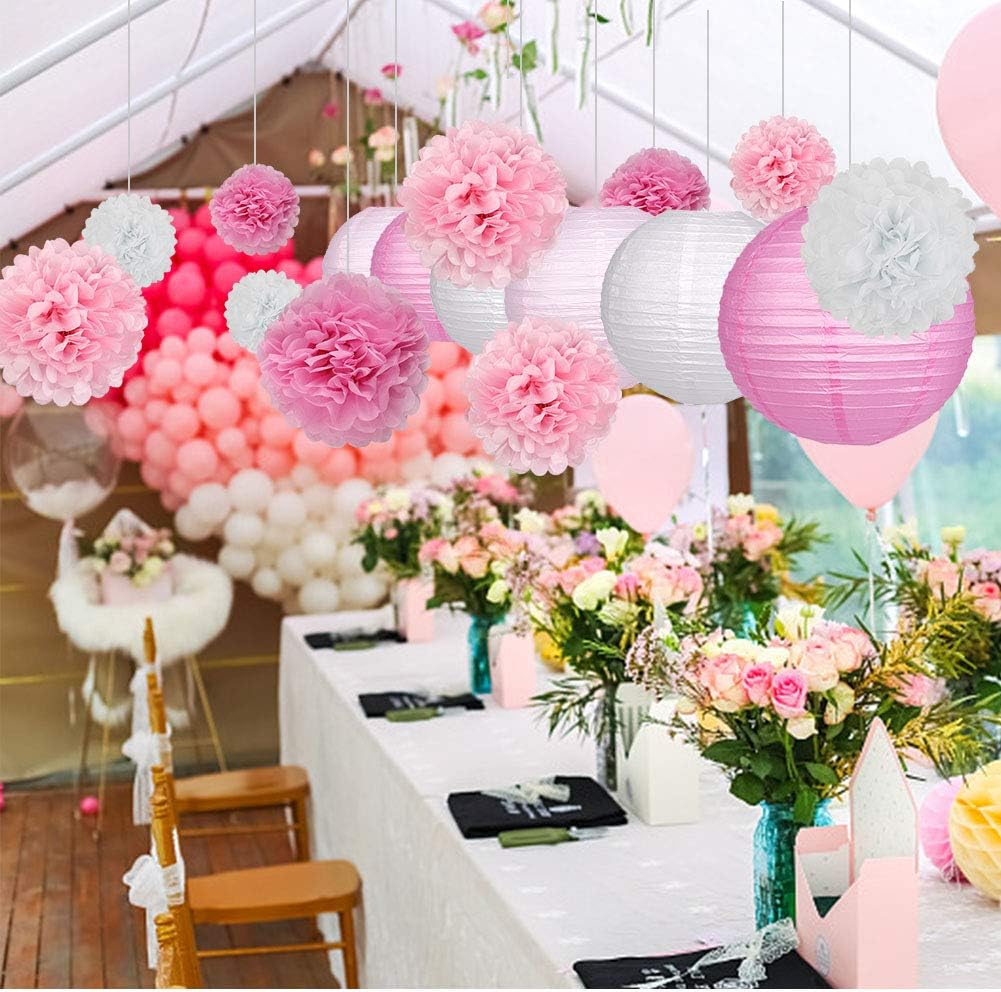 15Pcs Party Pack Paper Lanterns and Pom Pom Balls Hanging Decoration for Wedding Birthday Baby