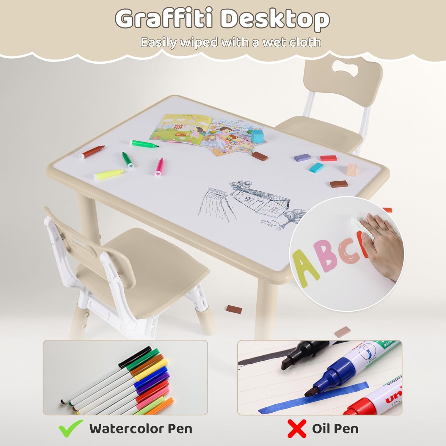 Kids Table and 2 Chairs Set, Height Adjustable (17.7"-26.1") Toddler Table and Chair Set