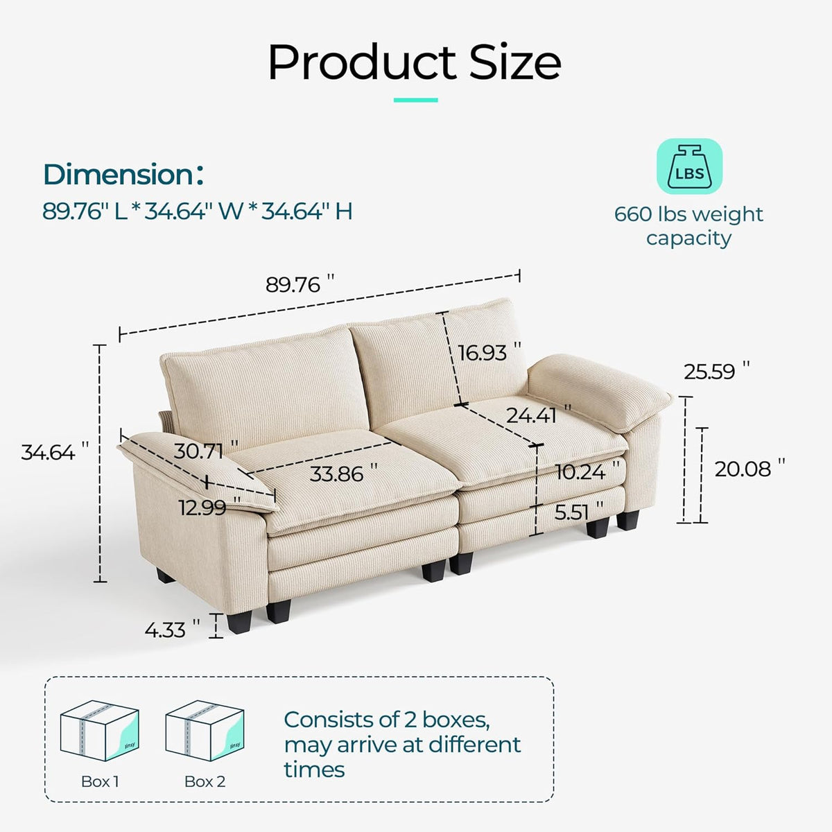LINSY HOME Sectional Loveseat Sofa - 90'' Oversized Corduroy Cloud Couch Soft Modern Comfy Green