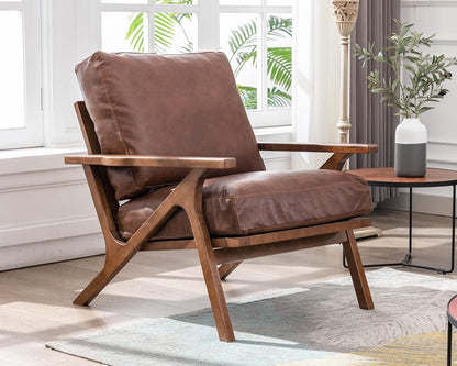 HNY Mid Century Arm Chair, Retro Accent Armchair with Wood Frames & Faux Leather Upholstered