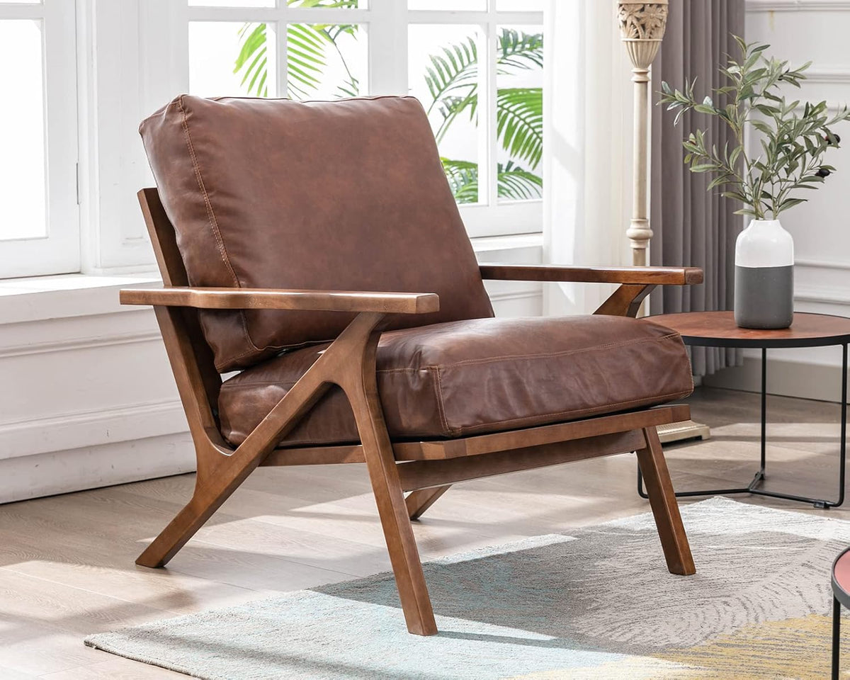 HNY Mid Century Arm Chairs Set of 2, Retro Accent Armchair with Wood Frames & Faux Leather