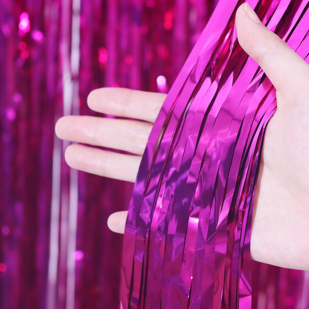 3 Pack 3.3x8.2 Feet Pink Foil Fringe Backdrop Curtains, Tinsel Streamers Birthday Party