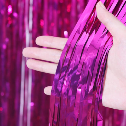 3 Pack 3.3x8.2 Feet Pink Foil Fringe Backdrop Curtains, Tinsel Streamers Birthday Party