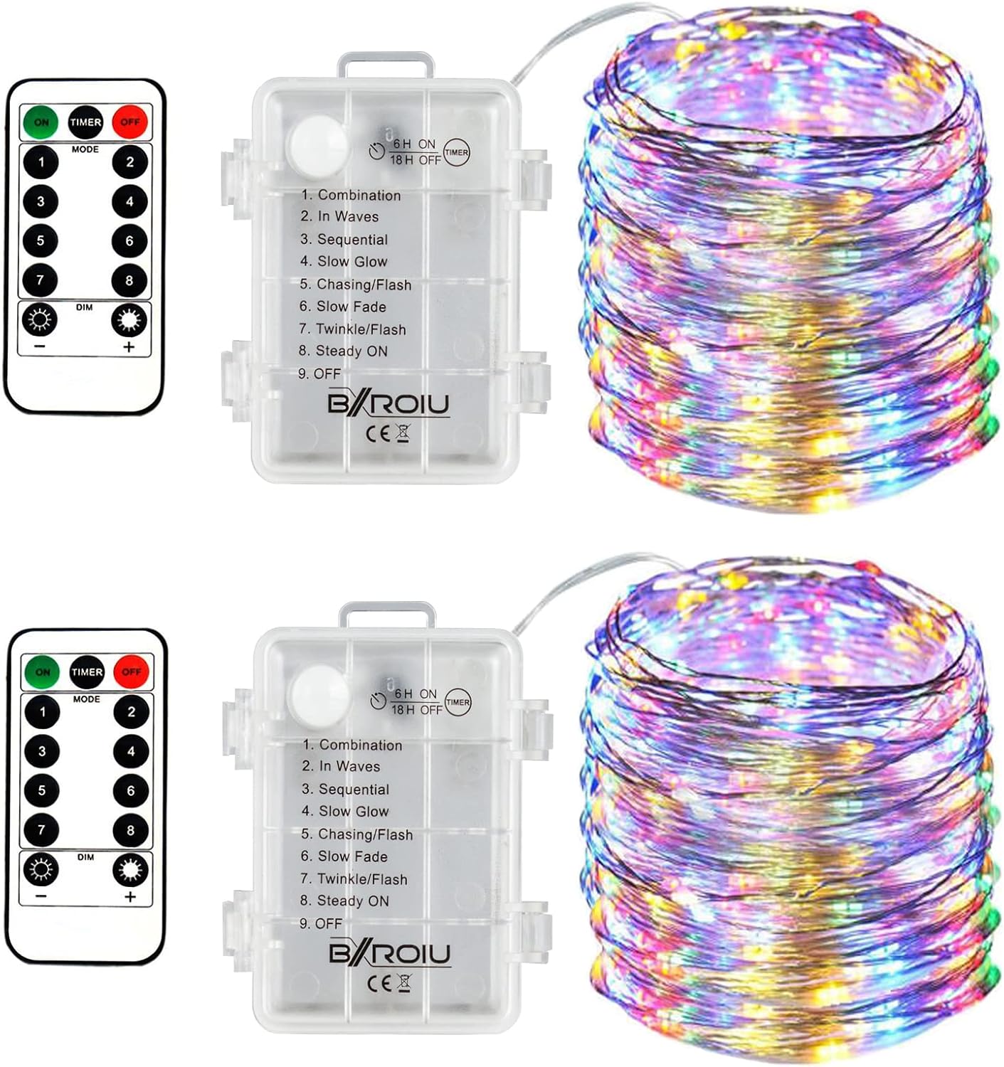 2 x Fairy Lights Battery Operated, Silver Wire Chains 8 Mode 5M 50 LEDs Timer String Lights with