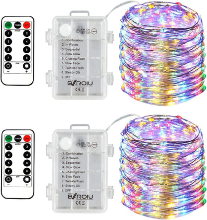 2 x Fairy Lights Battery Operated, Silver Wire Chains 8 Mode 5M 50 LEDs Timer String Lights with