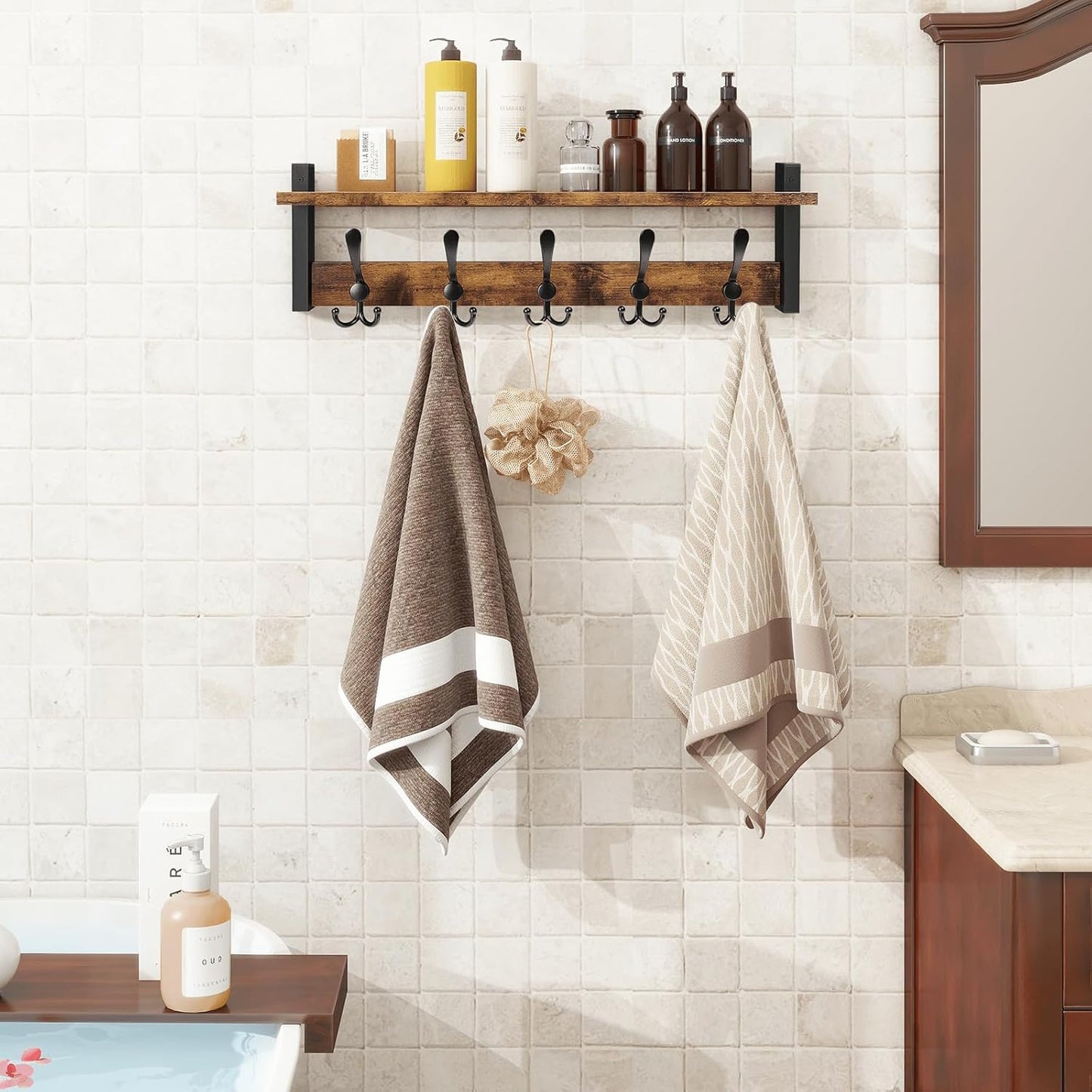 Homode Rustic Brown Wall Mount Coat Rack with Shelf and 5 Tri Hooks, Wood Coat Hangers for Hanging