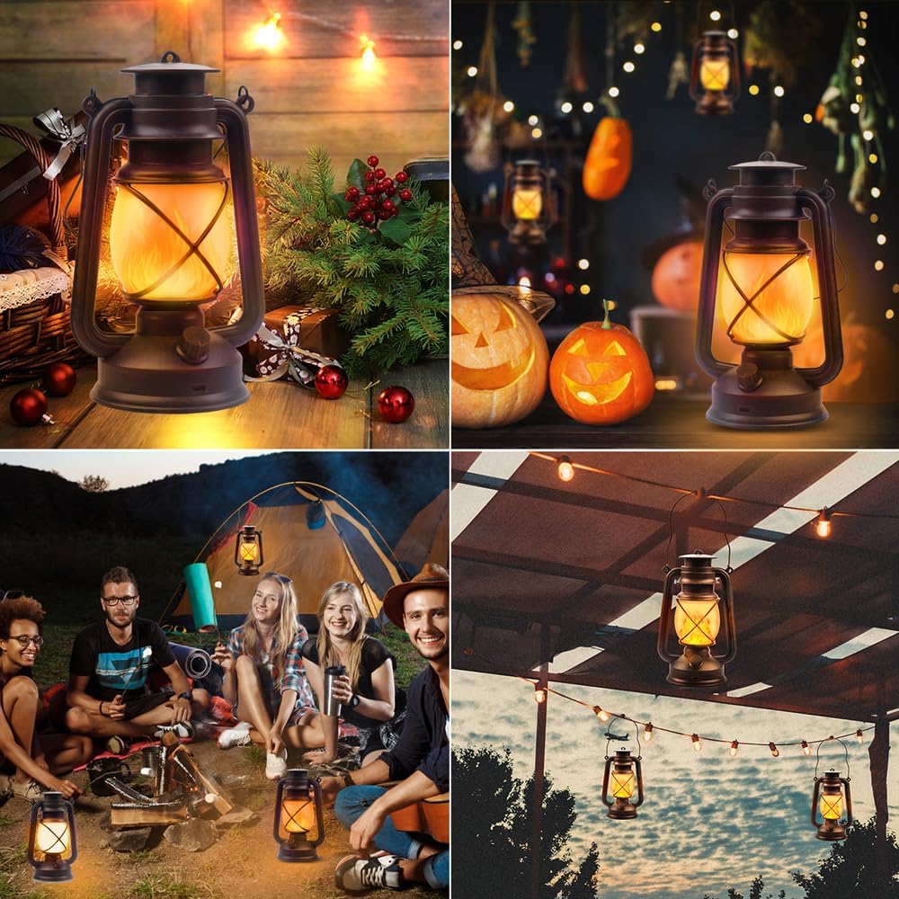 Lantern LED Battery Powered Camping Lamp Outdoor Hanging Lantern Flickering Flame Rechargeable
