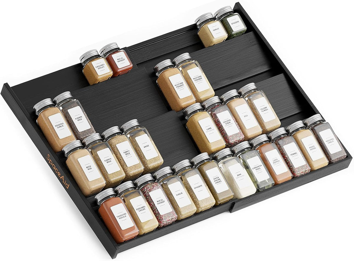 SpaceAid Bamboo Black Spice Drawer Organizer, (Need 3" Deep Drawer) Expandable 4 Tier Spices Rack