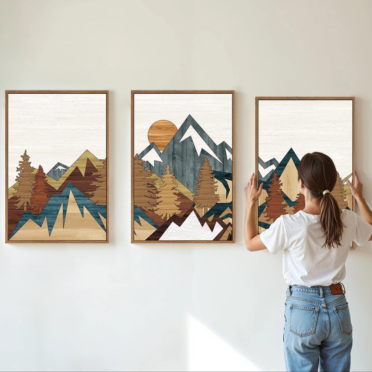 SIGNINART Large Mountain Framed Canvas Wall Art, Boho Sunrise Wilderness Art Prints, Vintage Forest