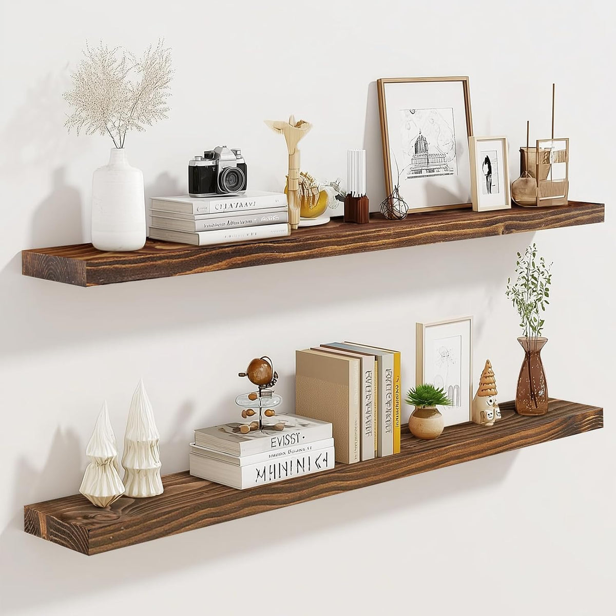 36"x6.8"x1.2" Solid Wood Floating Shelves 2-Pack - Rustic Brown Finish with Hidden Brackets