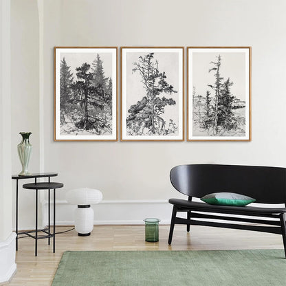 SIGNINART Vintage Tree Framed Wall Art Set , Black and White Antique Sketchbook Forest Painting