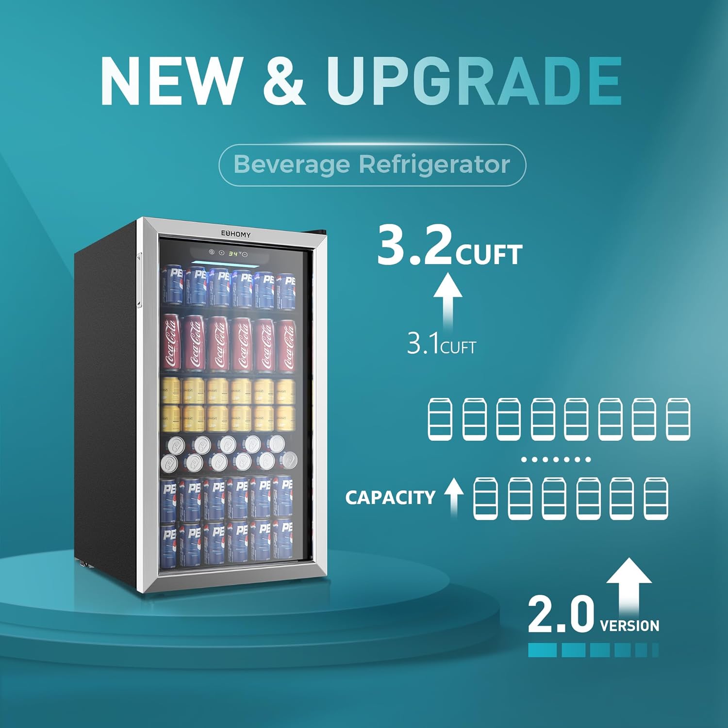 EUHOMY Beverage Refrigerator Cooler, 130 Can Mini Fridge with Glass Door for Soda Beer or Wine