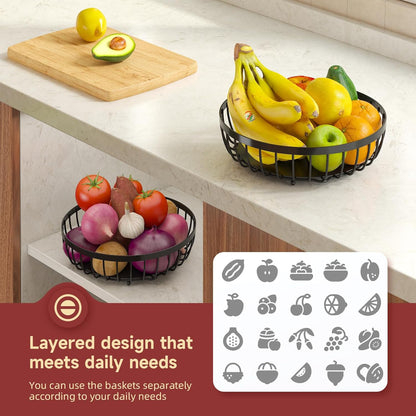 2 Tier Fruit Basket for Kitchen Counter with 2 Banana Hangers, 2025 Pro Detachable Metal Fruit Bowl