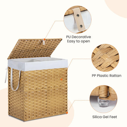 DUMOS Wicker Laundry Basket with Lid, 110L Woven Laundry Hamper with Handles, Foldable Rattan