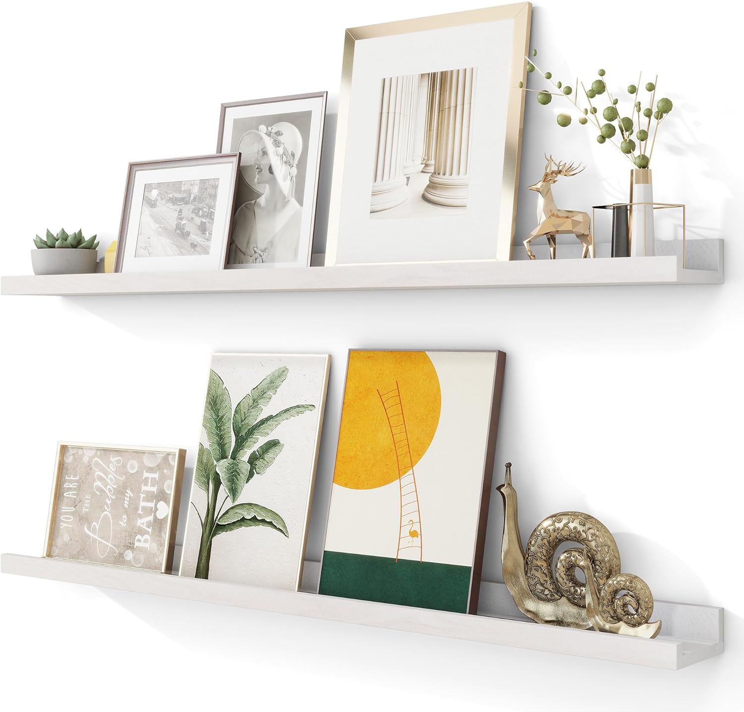 Solid Ash Wood Picture Ledge Shelf, Wood Floating Shelves Set of 2, 48 Inch Long Large Photo Ledge