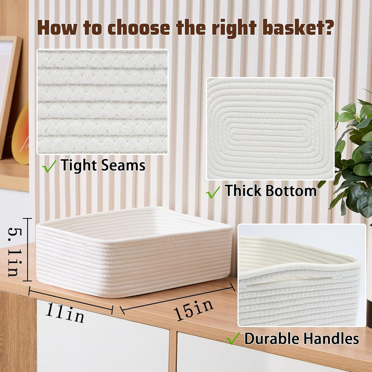 Large Shallow Organizing Baskets 15x11x5.1 Inches - Rope Woven Storage Bins for Bathroom, Shelves