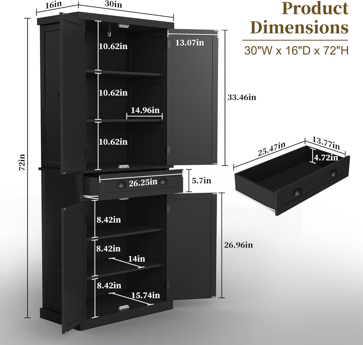 ARTPOWER 72" Tall Kitchen Pantry Storage Cabinet with Drawer and Adjustable Shelves, Pantry Cabinet