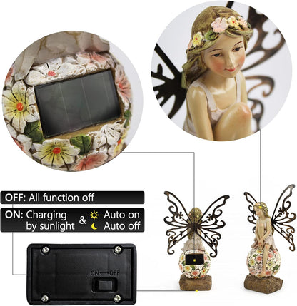 Flower Fairy Garden Decor,Garden Fairy Statues Outdoor,Solar Powered Outdoor Fairy Figurine
