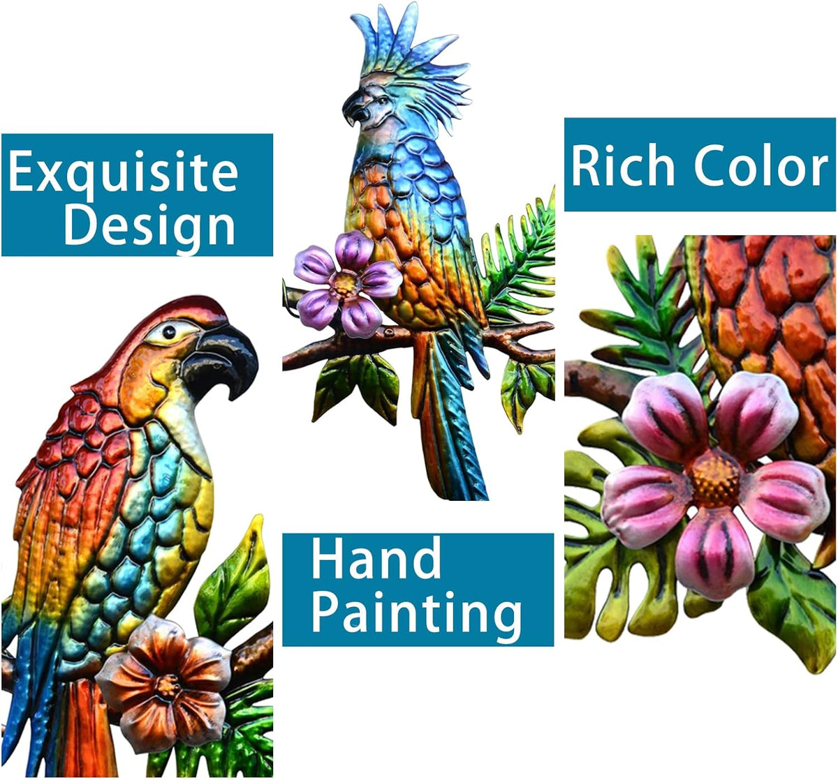 J-Fly Parrot Tropical Wall Art Decor - 3 Hanging Sculptures, Metal, 12" x 8.5", Indoor Kitchen