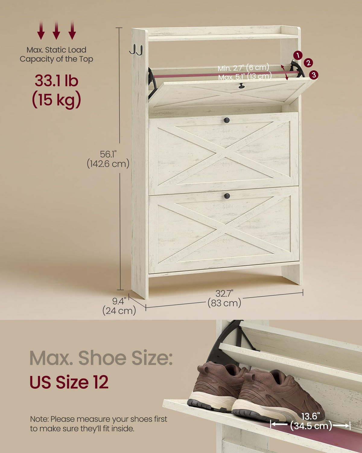 VASAGLE Shoe Storage Cabinet Organizer with 3 Flip Drawers, Freestanding Narrow Shoe Rack Cabinet