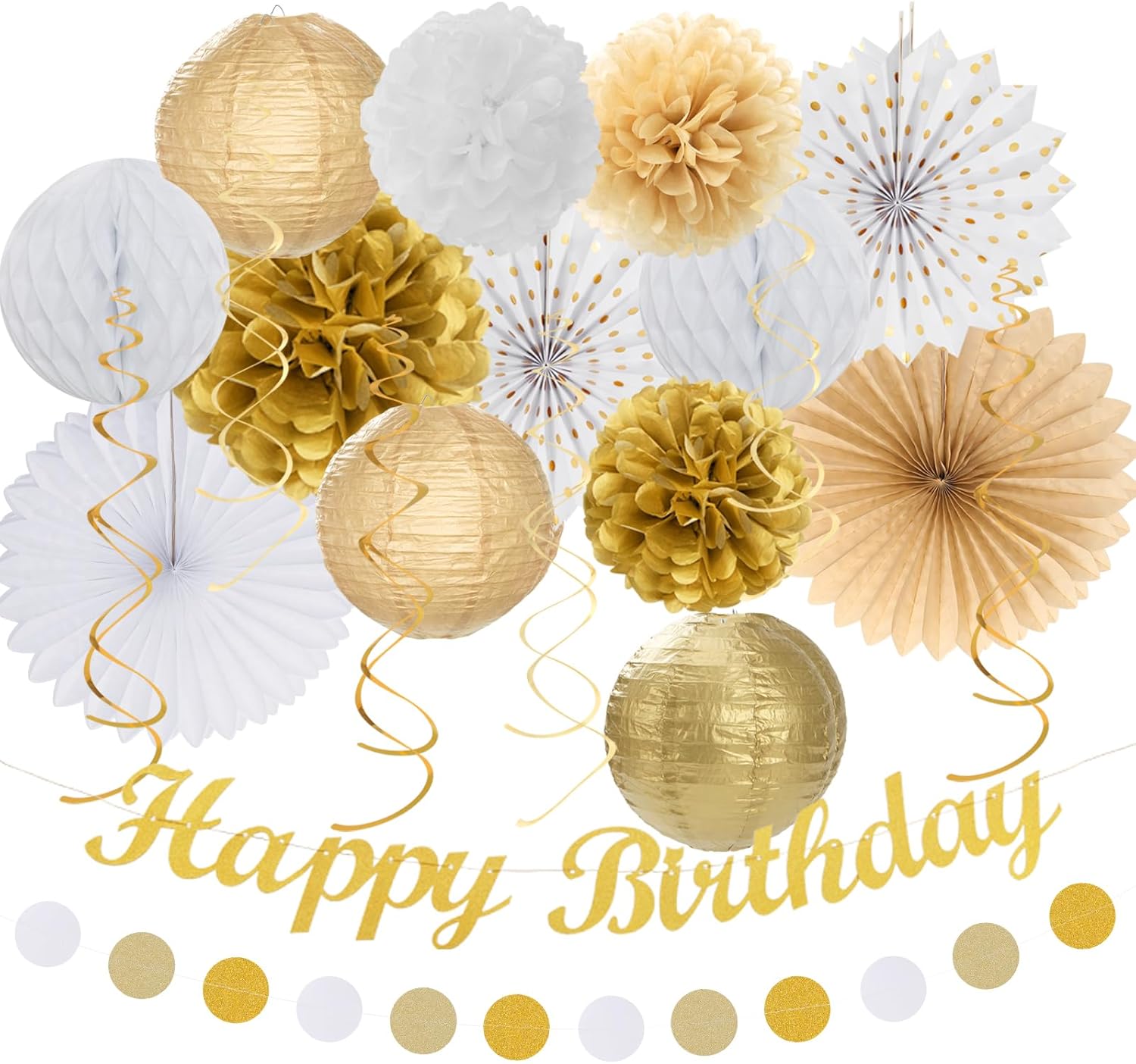 White Champagne Gold Birthday Party-Decorations - 21pcs Happy Birthday Banner,Paper Lanterns,Tissue
