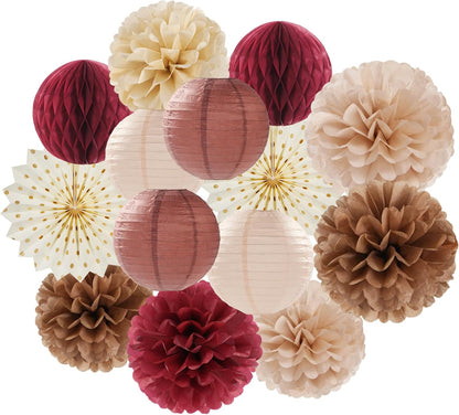 Brown Burgundy Champagne Boho Party-Decorations - 14pcs Rustic Wedding Paper Lanterns Fan,Tissue