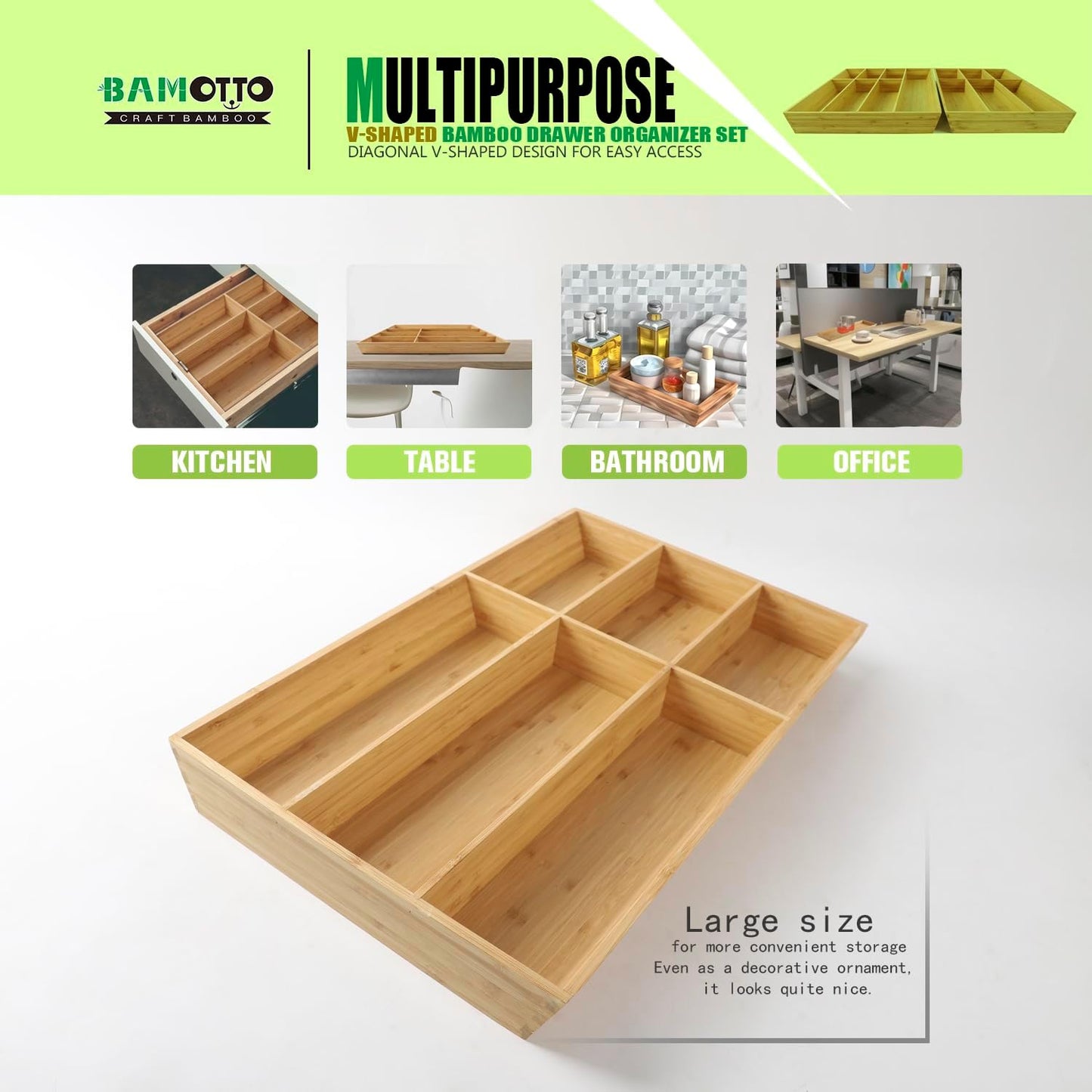 V-Shaped Extra Large Bamboo Drawer Organizer Set of 2, Kitchen Cutlery Tray Utensil Plate