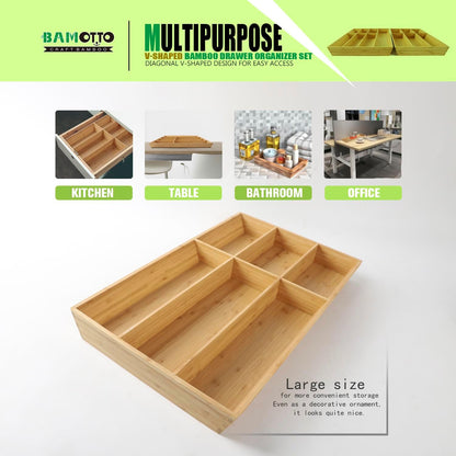 V-Shaped Extra Large Bamboo Drawer Organizer Set of 2, Kitchen Cutlery Tray Utensil Plate