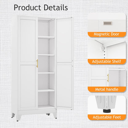 71" Tall Metal Pantry Storage Cabinet with Doors and 4 Adjustable Shelves, White Kitchen Food
