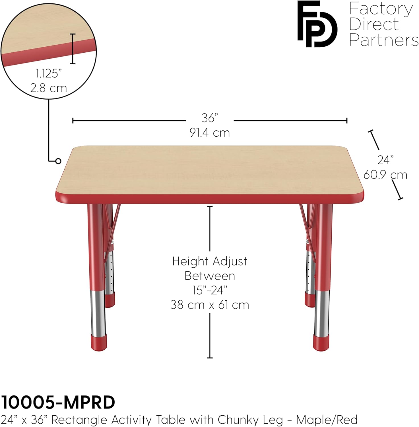 FDP Rectangle Activity School and Classroom Kids Table (24 x 36 inch), Chunky Toddler Leg