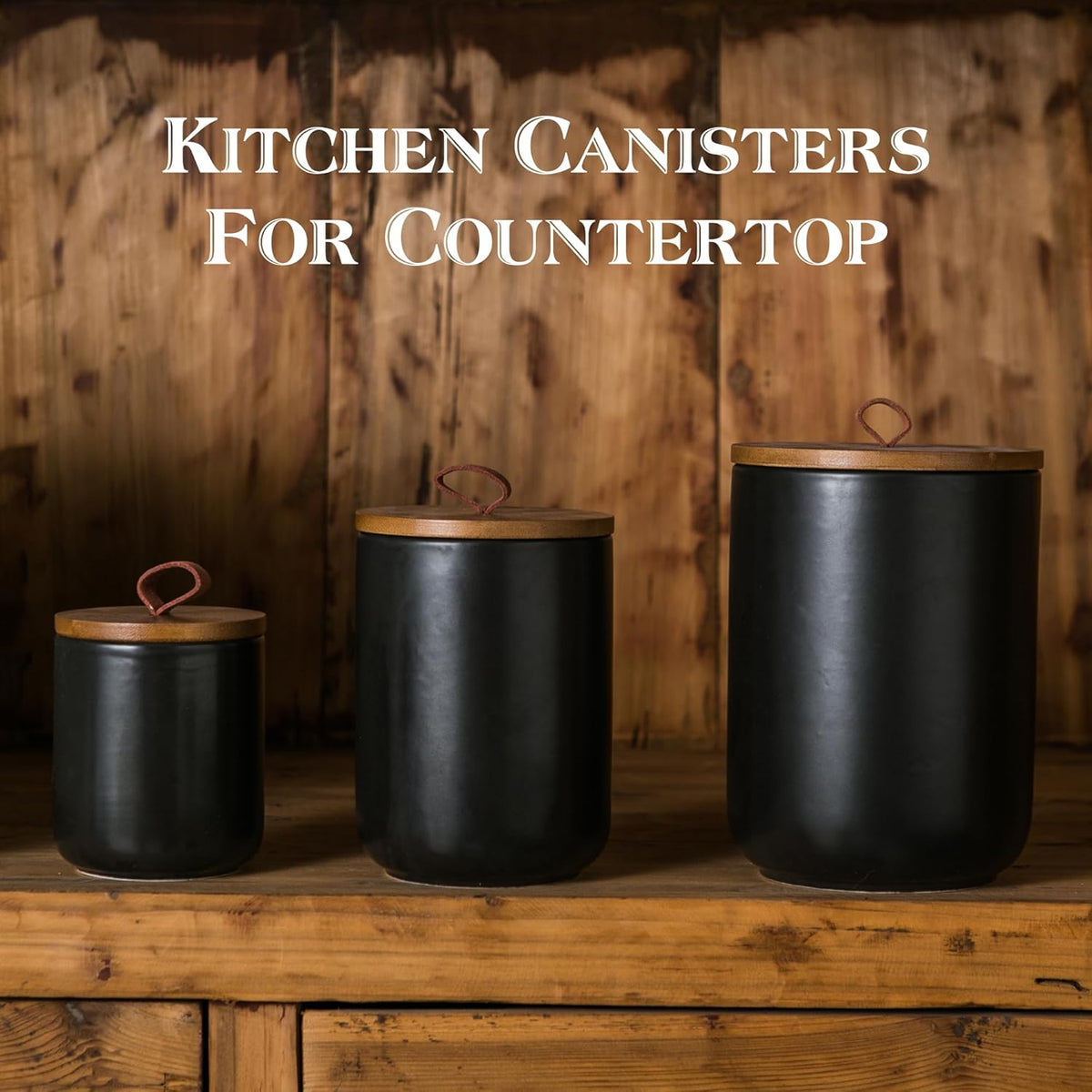 JOJUNO Black Ceramic Canister Set with Wooden Lid, 3-Piece Airtight Food Storage Jars for Kitchen