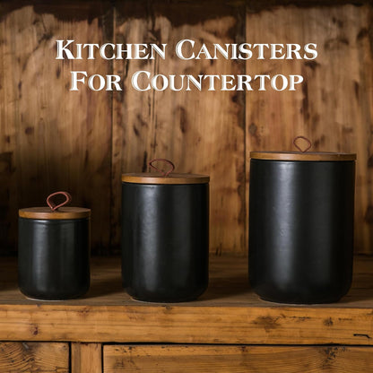 JOJUNO Black Ceramic Canister Set with Wooden Lid, 3-Piece Airtight Food Storage Jars for Kitchen
