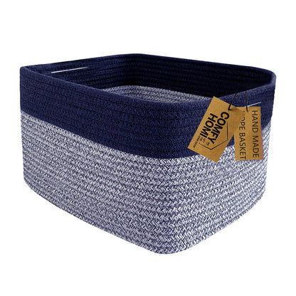 COMFY-HOMI Rectangular Cotton Rope Basket With Handles for Shelves|Dog Toy|Baby Gift - Dark Blue