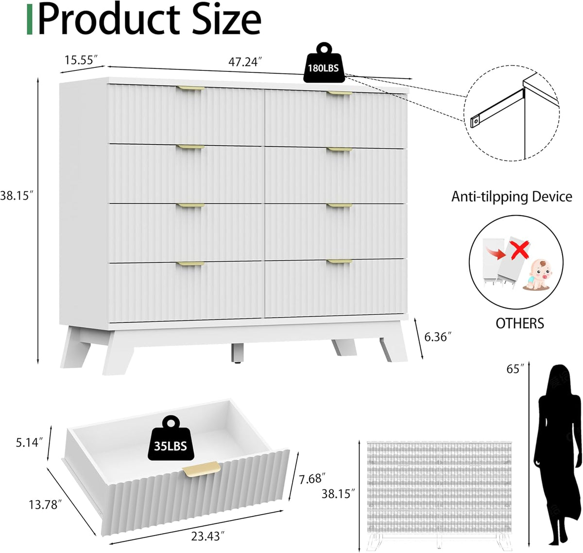 Fluted Dresser for Bedroom with 8 Drawers, 48" Wide Modern Chest of Drawers with Metal Handle