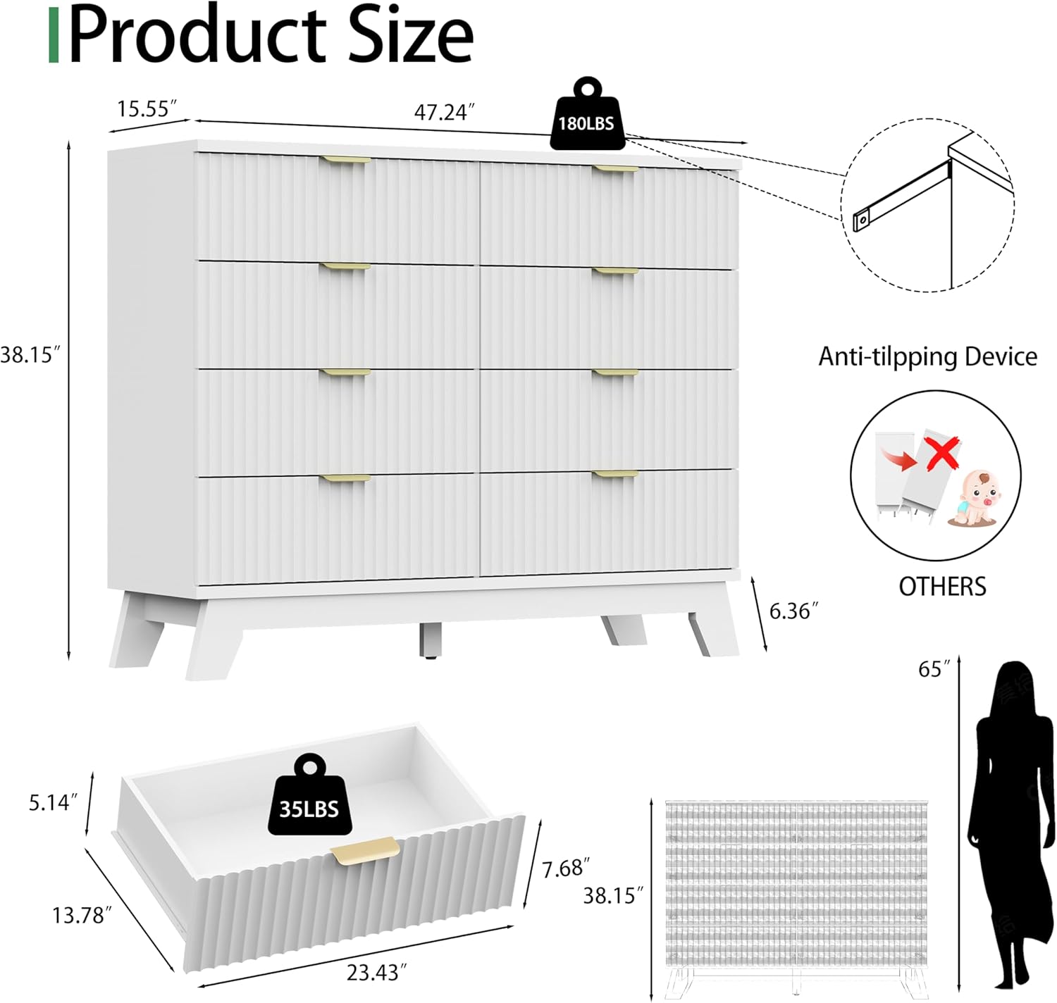 Fluted Dresser for Bedroom with 8 Drawers, 48" Wide Modern Chest of Drawers with Metal Handle