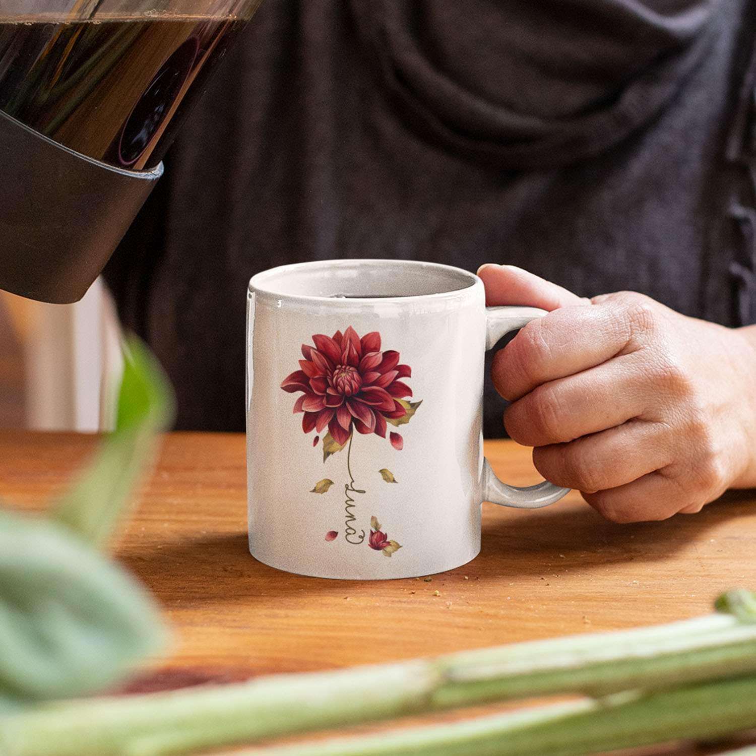 Dahlia Flower Design Coffee Mug, Personalized Name On Red Floral Cup, Custom Ceramic Mug For Flower