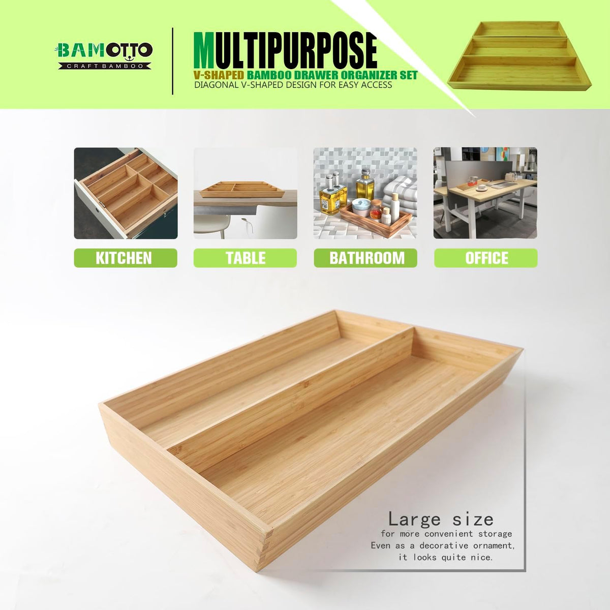 2-Piece V-Shaped Bamboo Drawer Organizer - Ideal for Kitchen's Large Long Tableware, Cooking