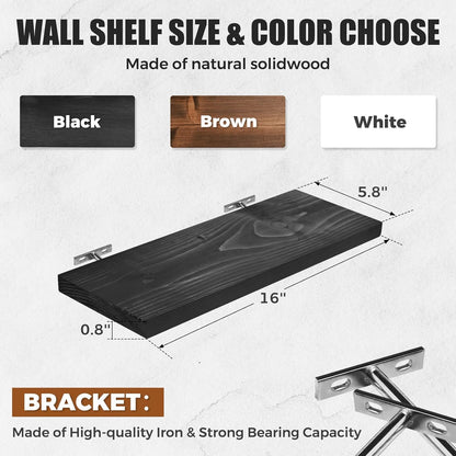 Floating Wall Shelves 4-Pack - Rustic Black 16-inch Wooden Wall Shelves for Storage and Décor
