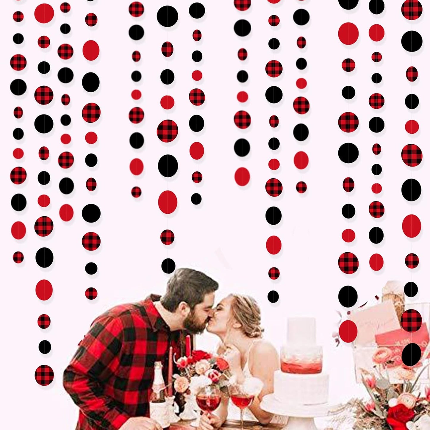 46Ft Buffalo Plaid Polka Dot Garlands Black Red Checkered Paper Circle Dot Streamer Banner for Baby