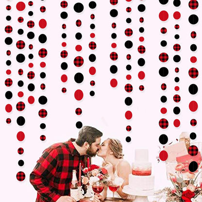 46Ft Buffalo Plaid Polka Dot Garlands Black Red Checkered Paper Circle Dot Streamer Banner for Baby