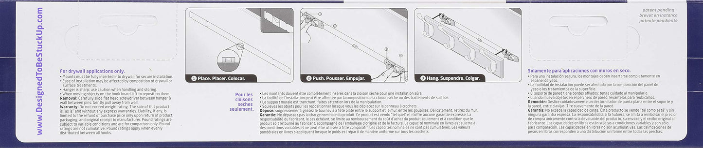 HIGH & MIGHTY 515708 Coat Rack 4 Hook Rail, Easy Tool-Free Dry Wall Installation, Holds up to