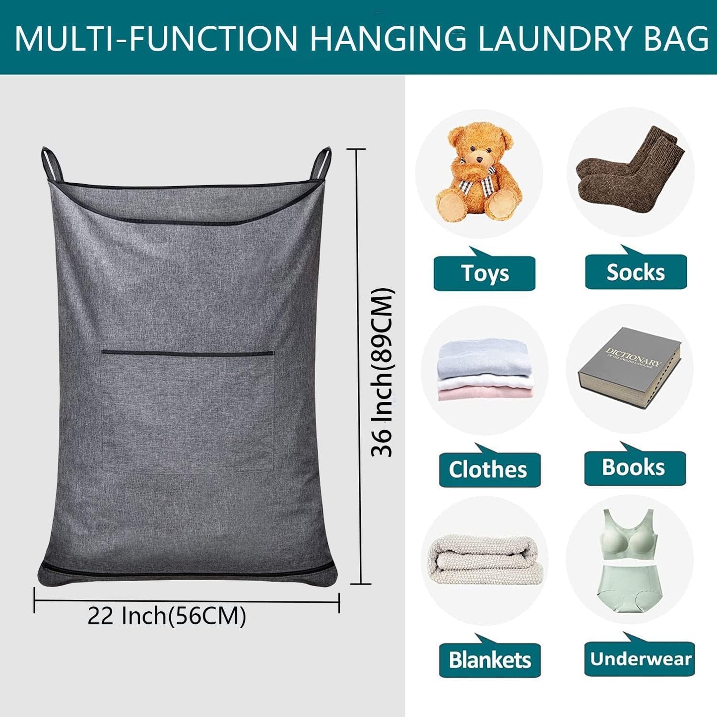 XL Hanging Hamper, Over The Door Hamper with Free Hanging Hooks, Space Saving Over Door Laundry Bag