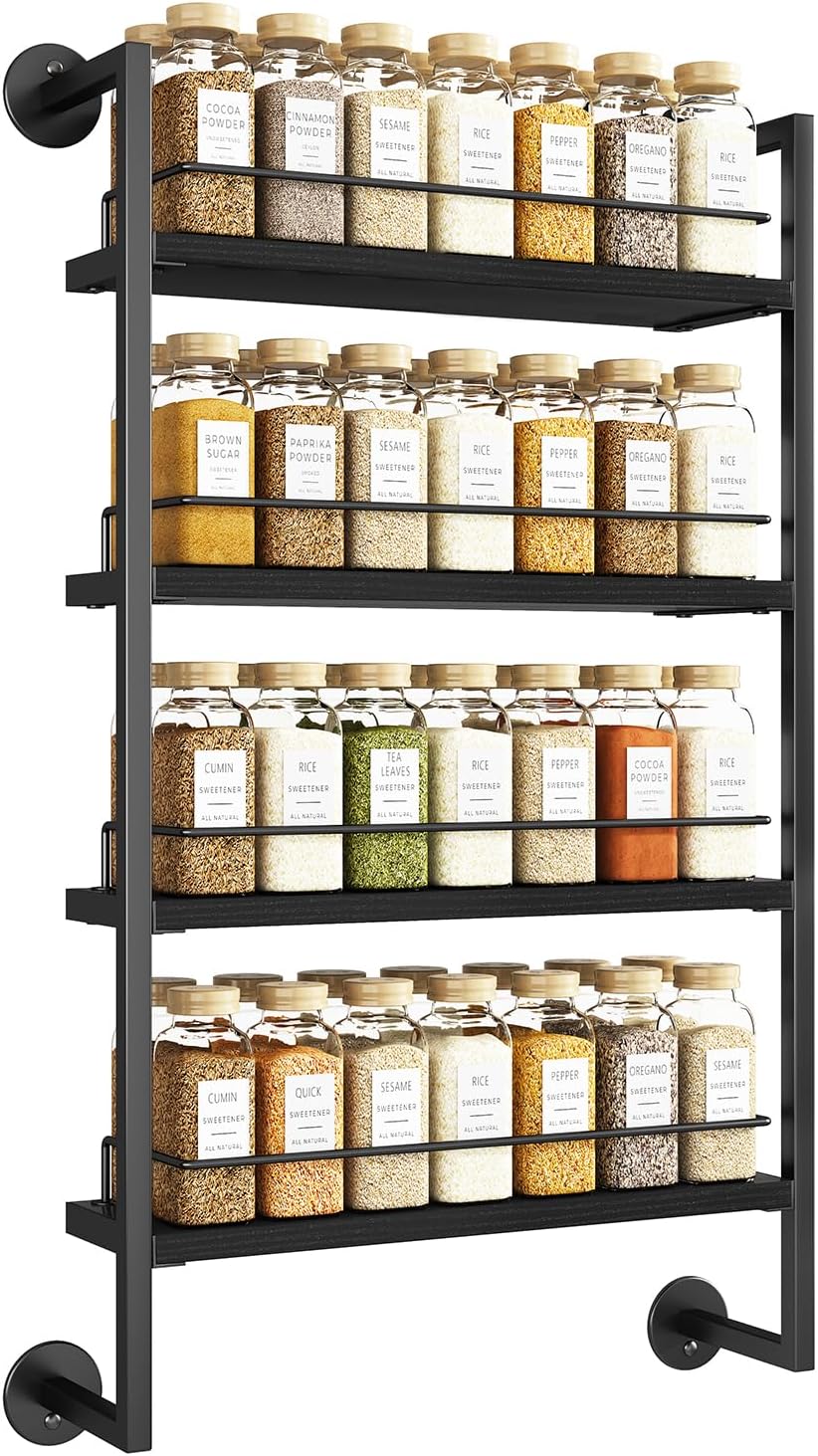 IBUYKE Spice Rack Wall Mount,4 Tier Hanging Seasoning Organizer, Spice Rack for Wall for up to 50