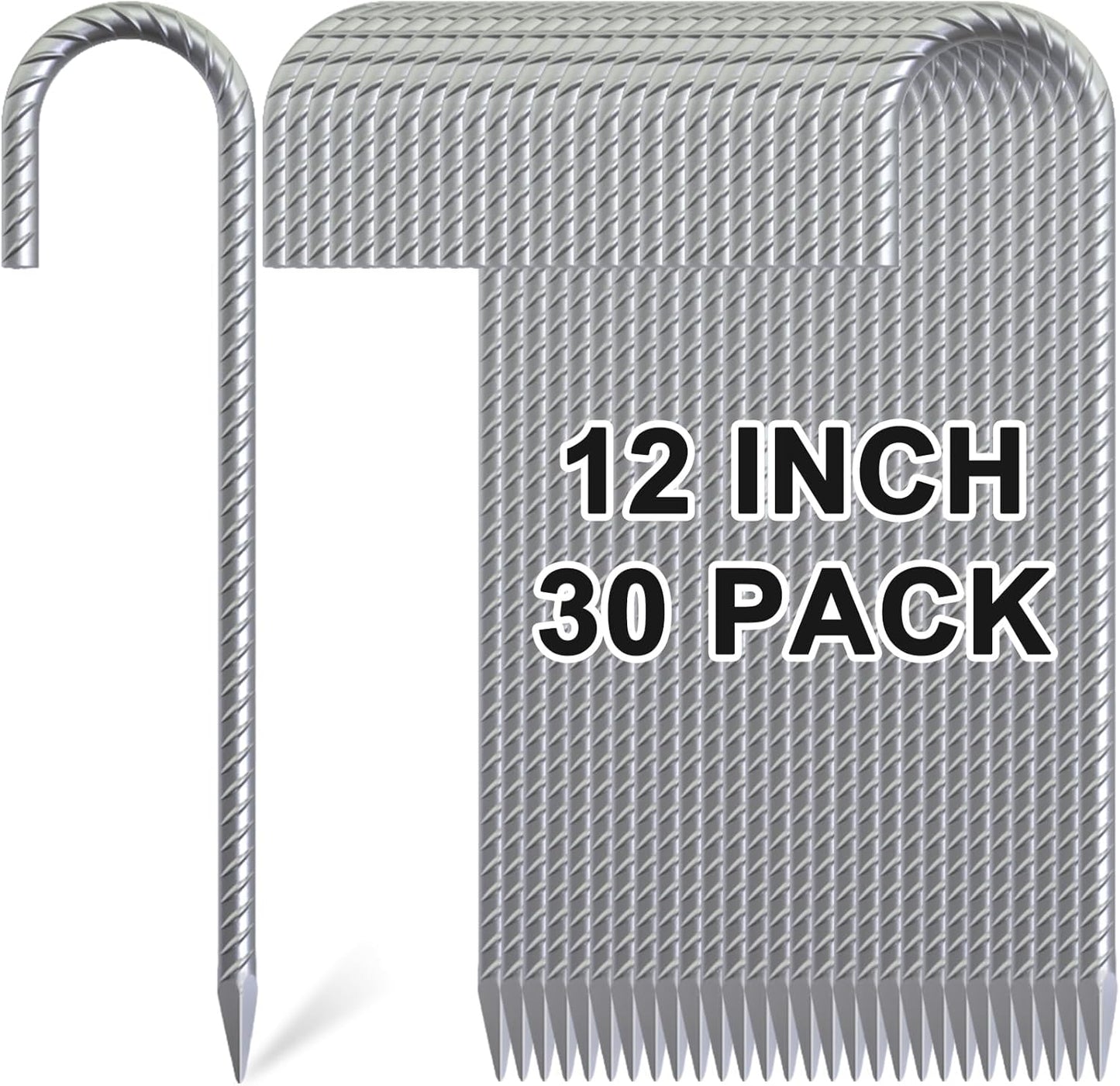Rebar Stakes 12 Inch, 30 Pack Galvanized Metal Tent Stakes Heavy Duty Ground Stakes, J Hook Steel