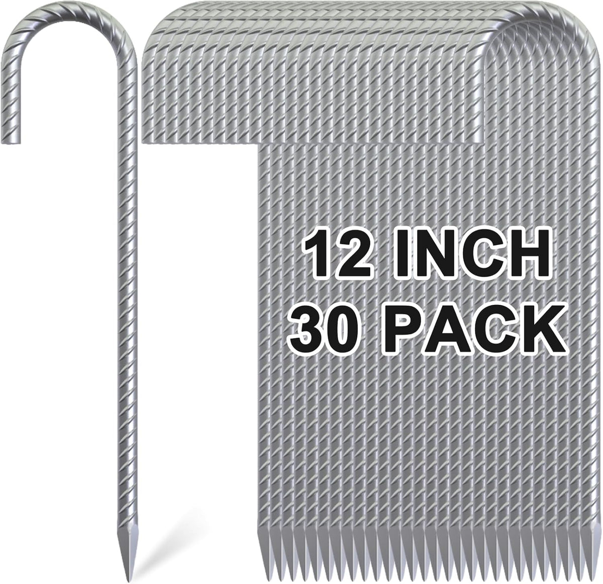 Rebar Stakes 12 Inch, 30 Pack Galvanized Metal Tent Stakes Heavy Duty Ground Stakes, J Hook Steel